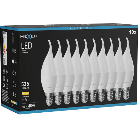 Mexen Nova 10x LED spuldze svece E14, C37, 5W, Silti - 3000K, 525 lm - L106-E14-0530-01x10