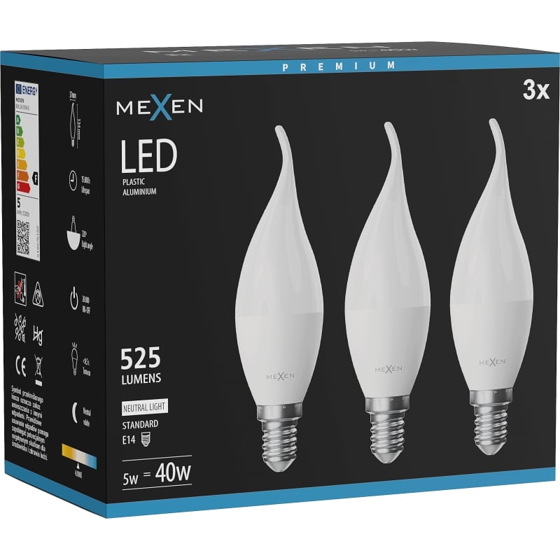 Mexen Nova 3x żarówka LED płomyk E14, C37, 5W, Neutralna - 4000K, 525 lm - L106-E14-0540-01x03