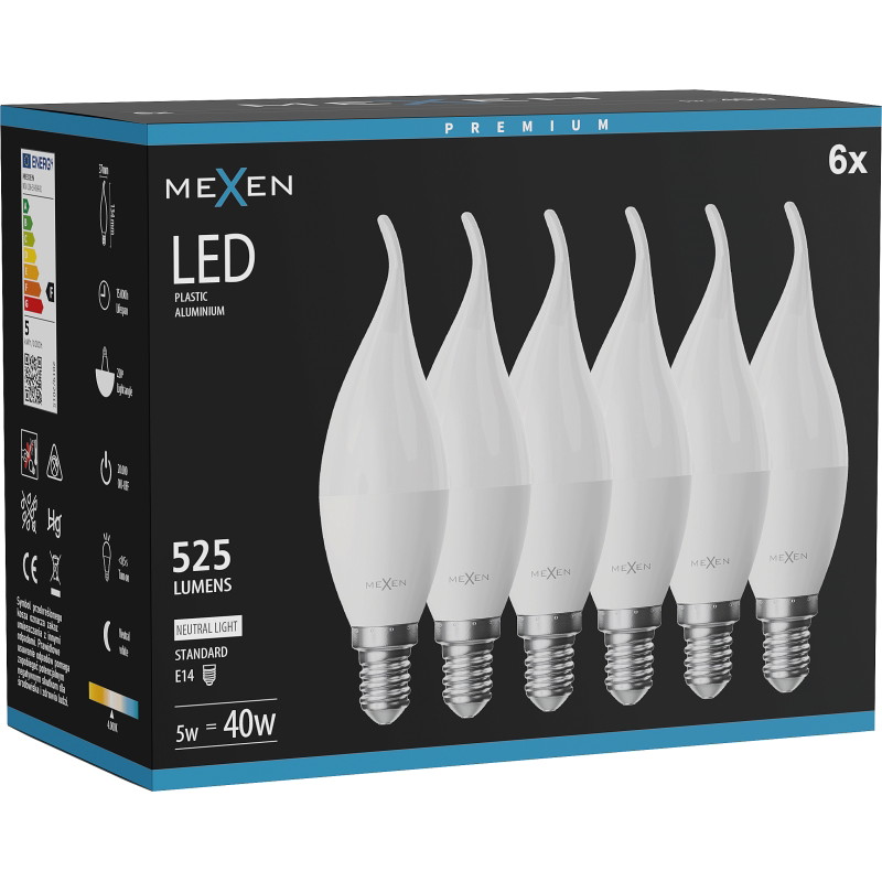 Mexen Nova 6x LED lamp kaars E14, C37, 5W, Neutraal - 4000K, 525 lm - L106-E14-0540-01x06