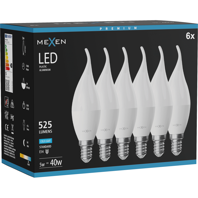 Mexen Nova 6x Ampoule LED flamme E14, C37, 5W, Froide - 6500K, 525 lm - L106-E14-0565-01x06