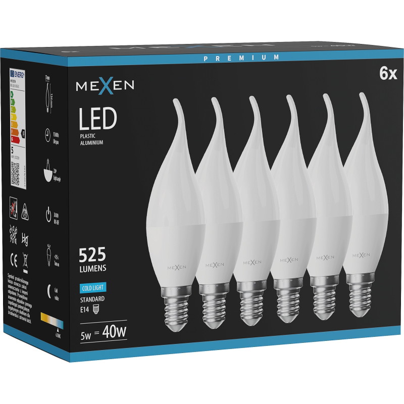 Mexen Nova 6x LED-gloeilamp vlam E14, C37, 5W, Koud - 6500K, 525 lm - L106-E14-0565-01x06