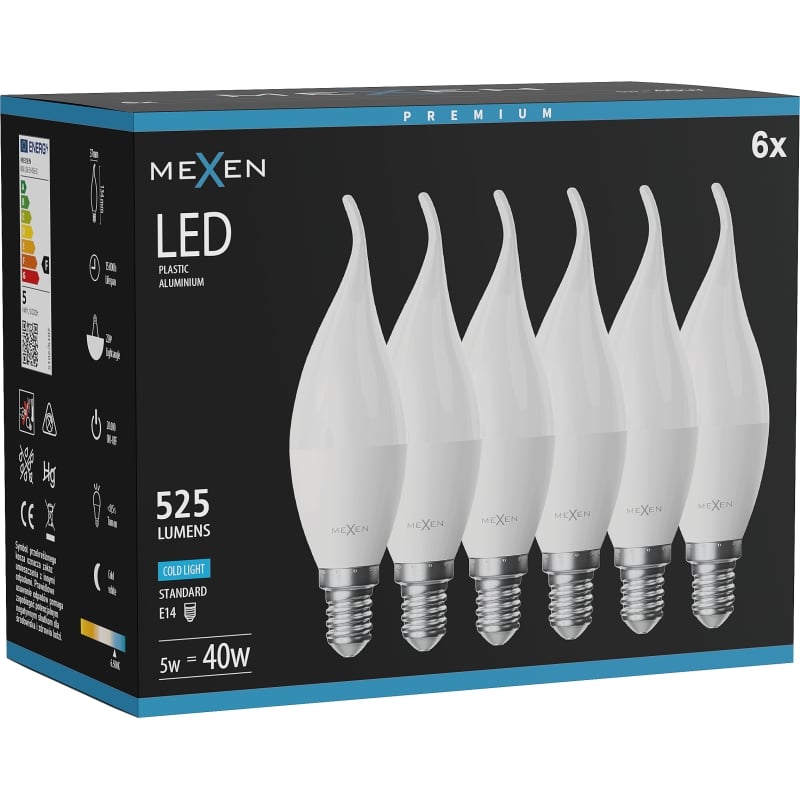 Mexen Nova 6x żarówka LED płomyk E14, C37, 5W, Zimna - 6500K, 525 lm - L106-E14-0565-01x06