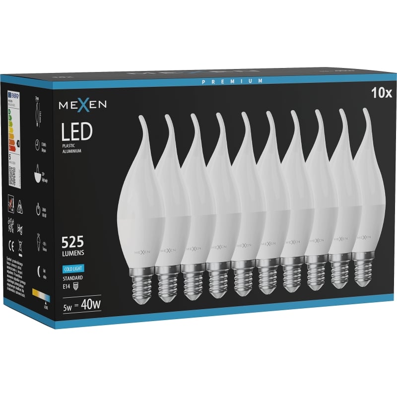 Mexen Nova 10x LED-lamp vlam E14, C37, 5W, Koud - 6500K, 525 lm - L106-E14-0565-01x10