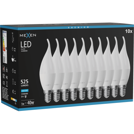 Mexen Nova 10x Lampadina LED a fiamma E14, C37, 5W, Fredda - 6500K, 525 lm - L106-E14-0565-01x10