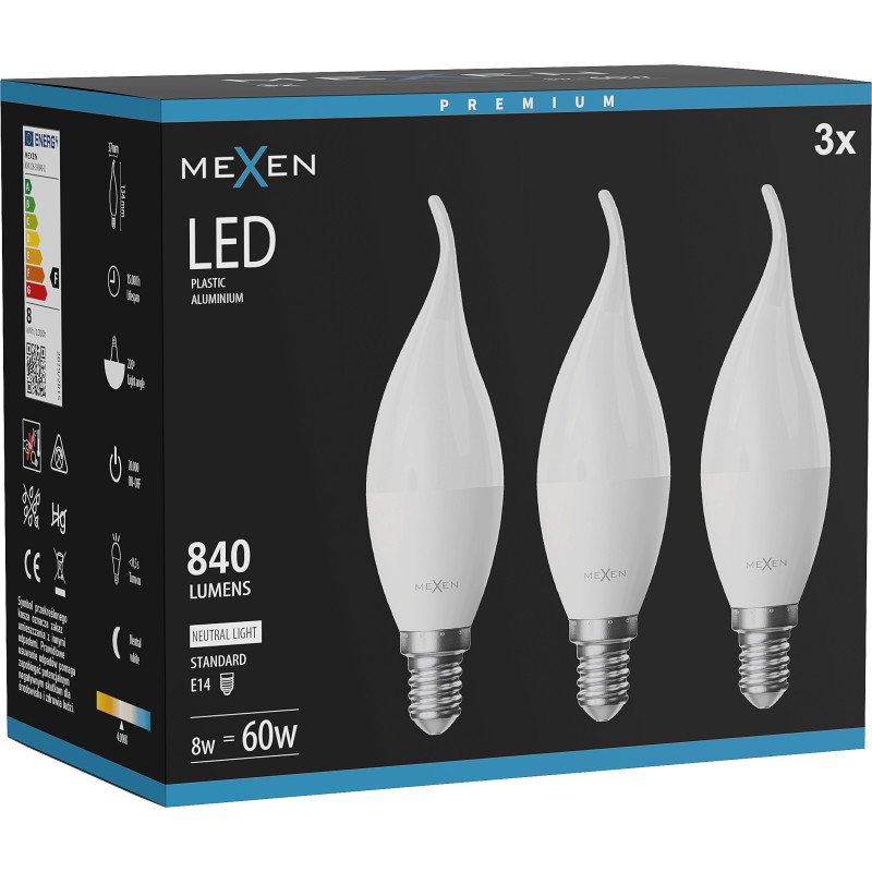 Mexen Nova 3x Bombilla LED llama E14, C37, 8W, Neutra - 4000K, 840 lm - L106-E14-0840-01x03
