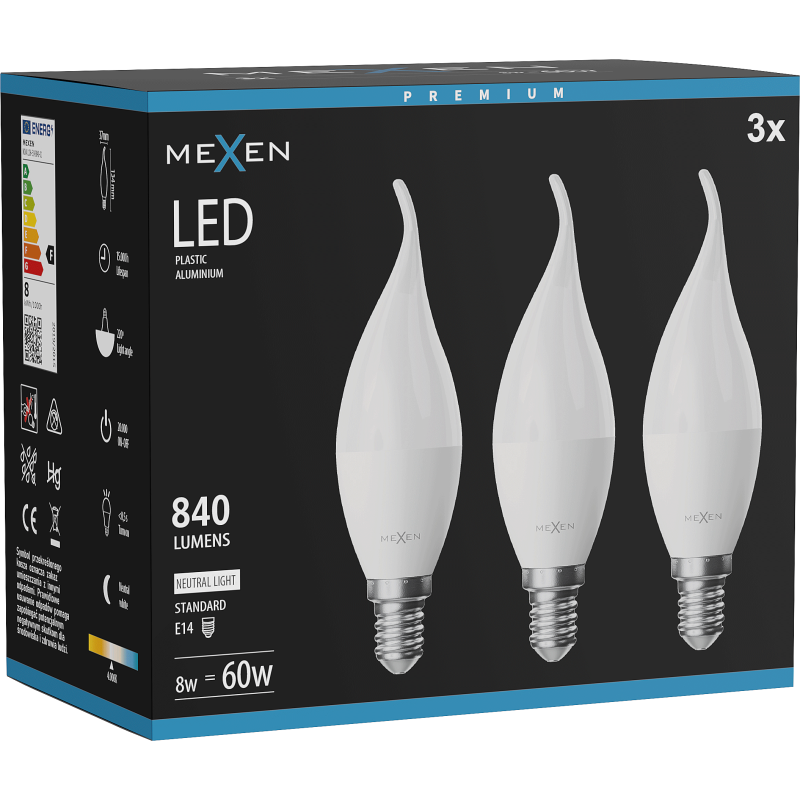 Mexen Nova 3x LED-Kerzenlampe E14, C37, 8W, Neutral - 4000K, 840 lm - L106-E14-0840-01x03