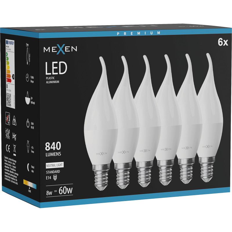 Mexen Nova 6x LED-lamp kaars E14, C37, 8W, Neutraal - 4000K, 840 lm - L106-E14-0840-01x06