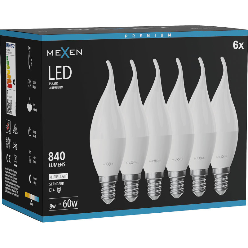 Mexen Nova 6x LED spuldze svece E14, C37, 8W, Neitrāls - 4000K, 840 lm - L106-E14-0840-01x06
