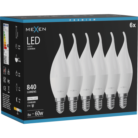 Mexen Nova 6x LED spuldze svece E14, C37, 8W, Neitrāls - 4000K, 840 lm - L106-E14-0840-01x06
