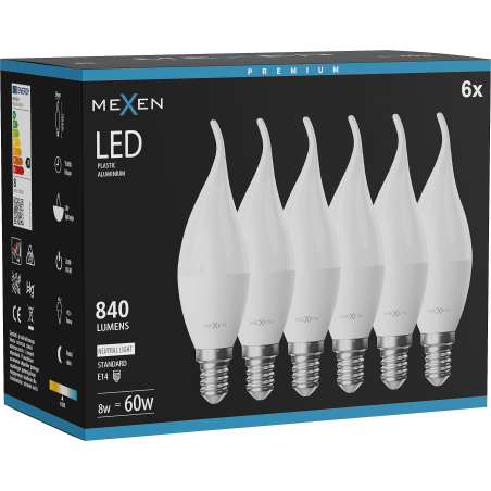 Mexen Nova 6x żarówka LED płomyk E14, C37, 8W, Neutralna - 4000K, 840 lm - L106-E14-0840-01x06