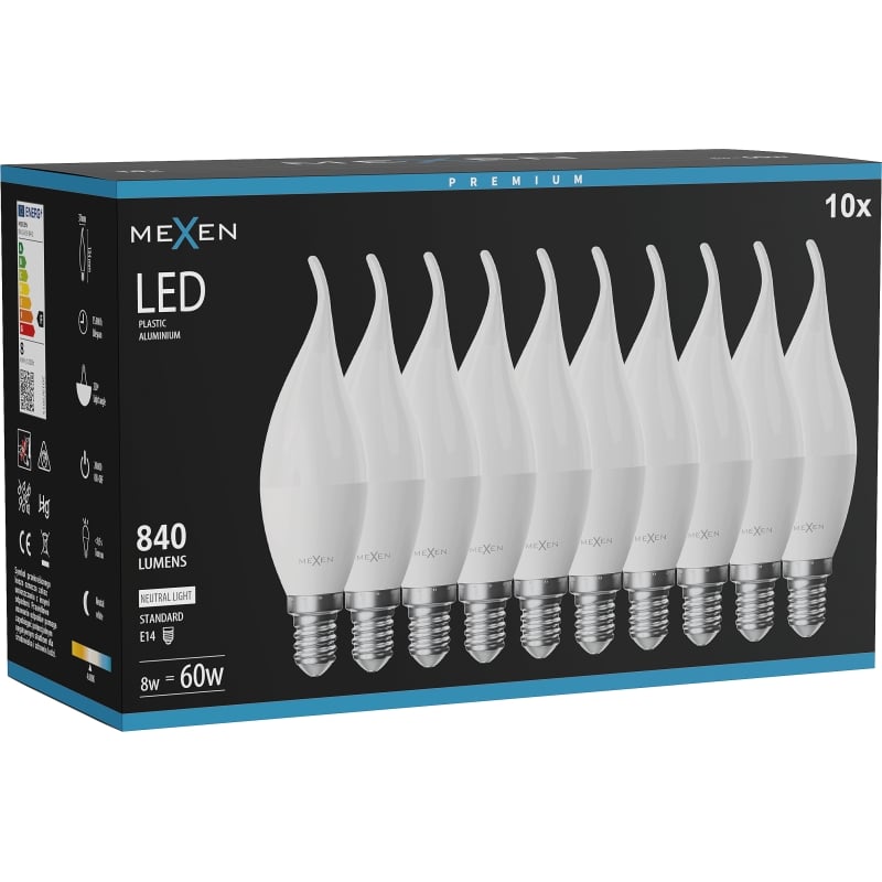 Mexen Nova 10x lampadina LED a fiamma E14, C37, 8W, Neutro - 4000K, 840 lm - L106-E14-0840-01x10
