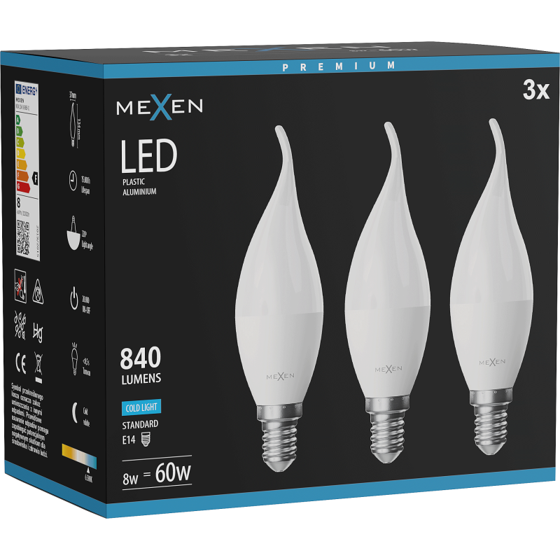 Mexen Nova 3x LED žarnica plamen E14, C37, 8W, Hladna - 6500K, 840 lm - L106-E14-0865-01x03