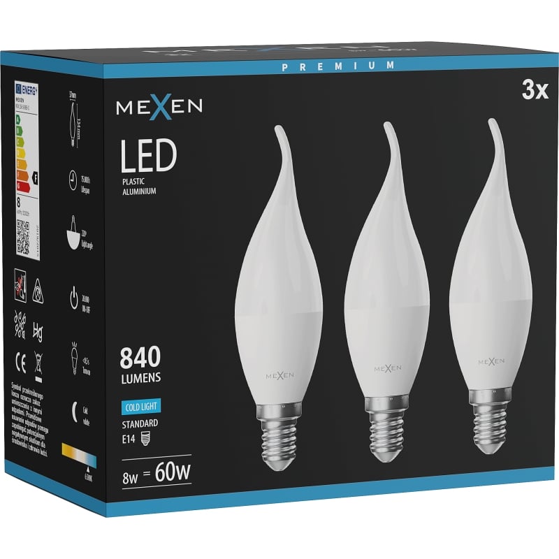 Mexen Nova 3x żarówka LED płomyk E14, C37, 8W, Zimna - 6500K, 840 lm - L106-E14-0865-01x03