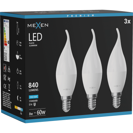 Mexen Nova 3x LED spuldze sveces forma E14, C37, 8W, Auksti - 6500K, 840 lm - L106-E14-0865-01x03