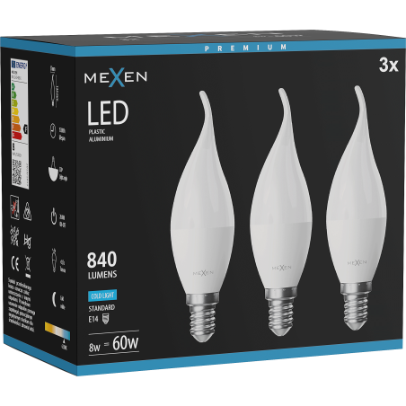 Mexen Nova 3x żarówka LED płomyk E14, C37, 8W, Zimna - 6500K, 840 lm - L106-E14-0865-01x03