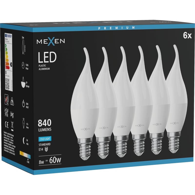 Mexen Nova 6x Lampadina LED a fiamma E14, C37, 8W, Fredda - 6500K, 840 lm - L106-E14-0865-01x06