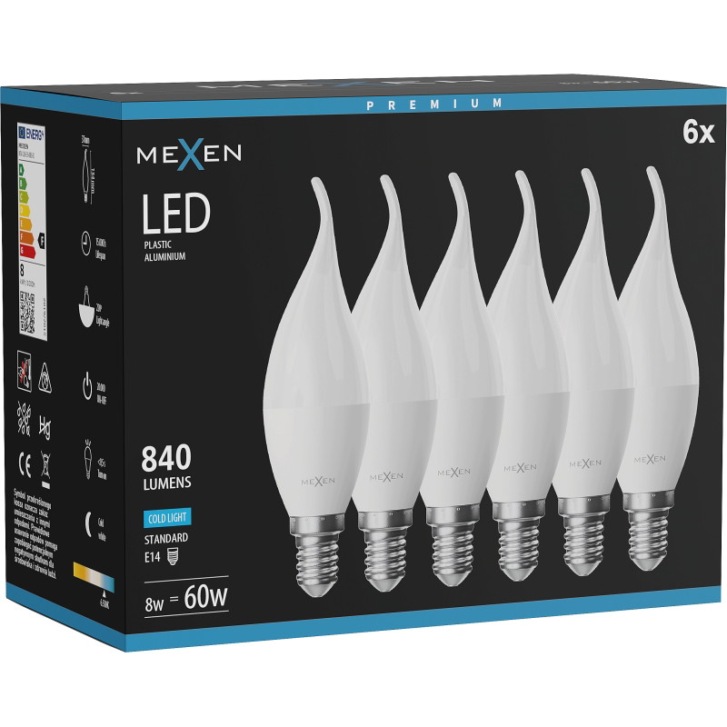 Mexen Nova 6x LED-lamp vlam E14, C37, 8W, Koud - 6500K, 840 lm - L106-E14-0865-01x06
