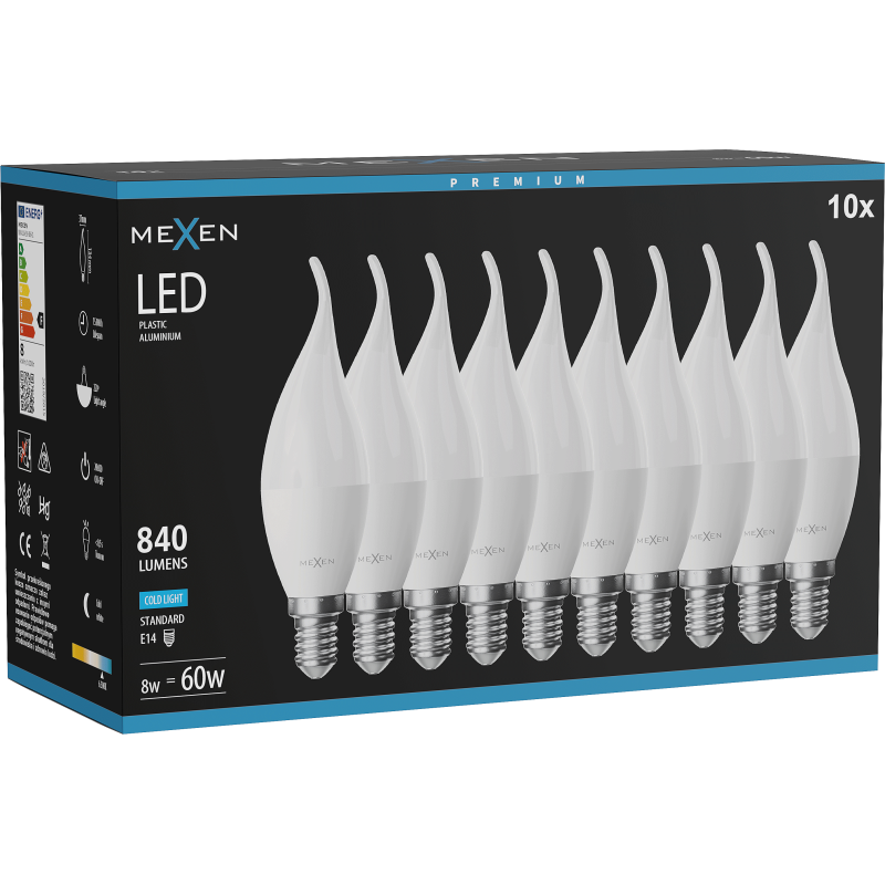 Mexen Nova 10x LED spuldze svece E14, C37, 8W, Auksts - 6500K, 840 lm - L106-E14-0865-01x10