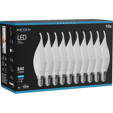 Mexen Nova 10x LED-lamp vlam E14, C37, 8W, Koud - 6500K, 840 lm - L106-E14-0865-01x10