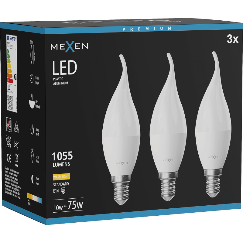 Mexen Nova 3x LED-ljuskälla flamma E14, C37, 10W, Varm - 3000K, 1055 lm - L106-E14-1030-01x03