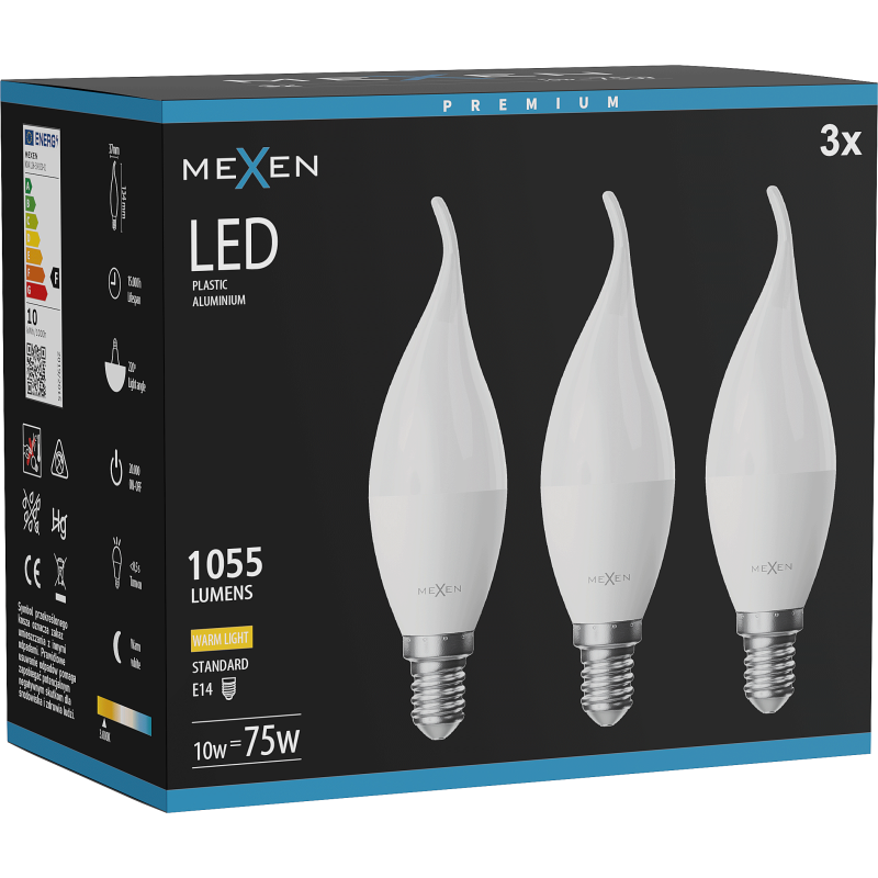Mexen Nova 3x LED spuldze svece E14, C37, 10W, Silts - 3000K, 1055 lm - L106-E14-1030-01x03
