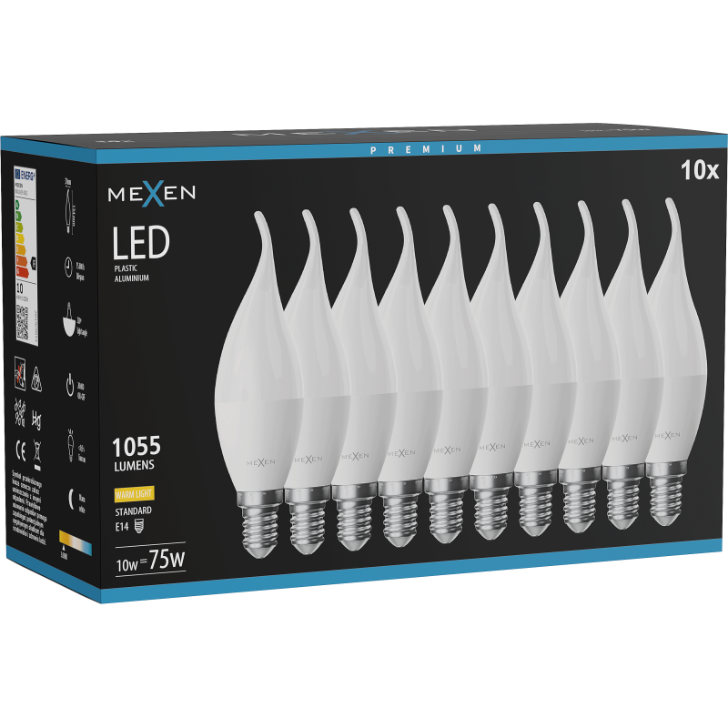 Mexen Nova 10x LED spuldze svečturis E14, C37, 10W, Silts - 3000K, 1055 lm - L106-E14-1030-01x10