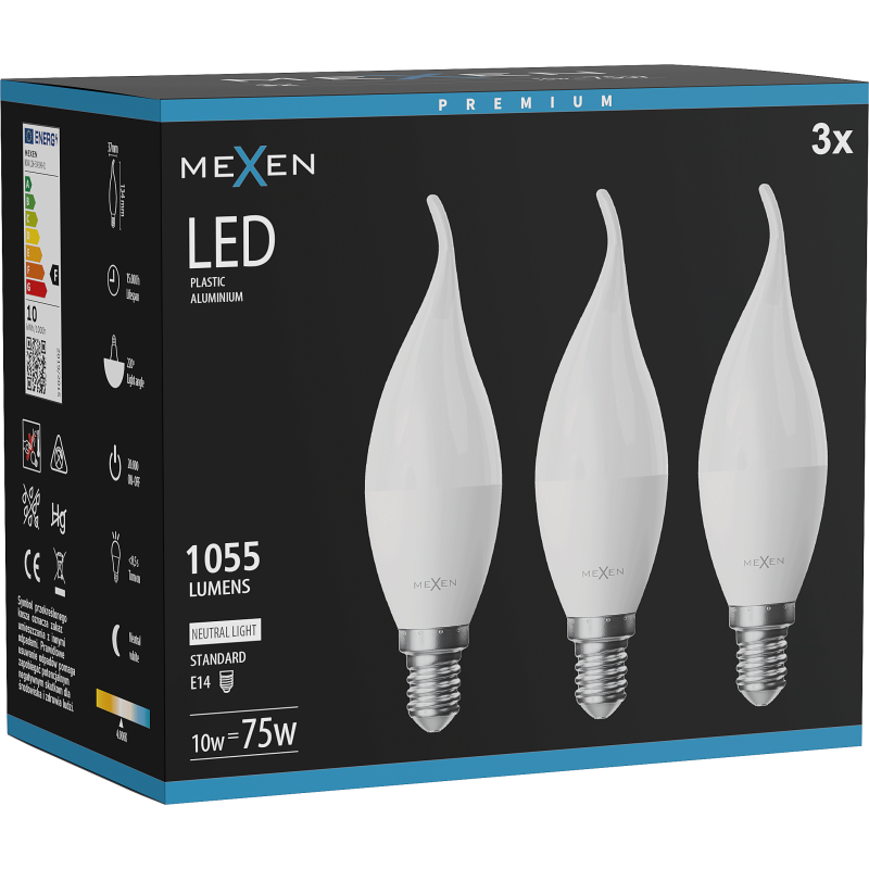 Mexen Nova 3x Λαμπτήρας LED φλόγα E14, C37, 10W, Ουδέτερη - 4000K, 1055 lm - L106-E14-1040-01x03
