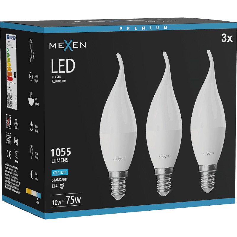 Mexen Nova 3x LED-liekki E14, C37, 10W, Kylmä - 6500K, 1055 lm - L106-E14-1065-01x03