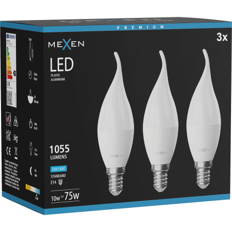 Mexen Nova 3x LED-liekki E14, C37, 10W, Kylmä - 6500K, 1055 lm - L106-E14-1065-01x03