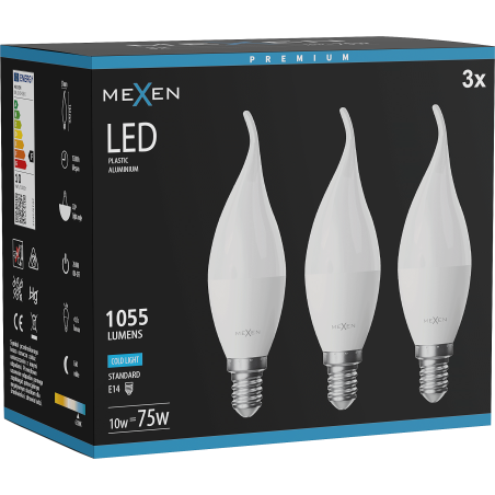 Mexen Nova 3x żarówka LED płomyk E14, C37, 10W, Zimna - 6500K, 1055 lm - L106-E14-1065-01x03