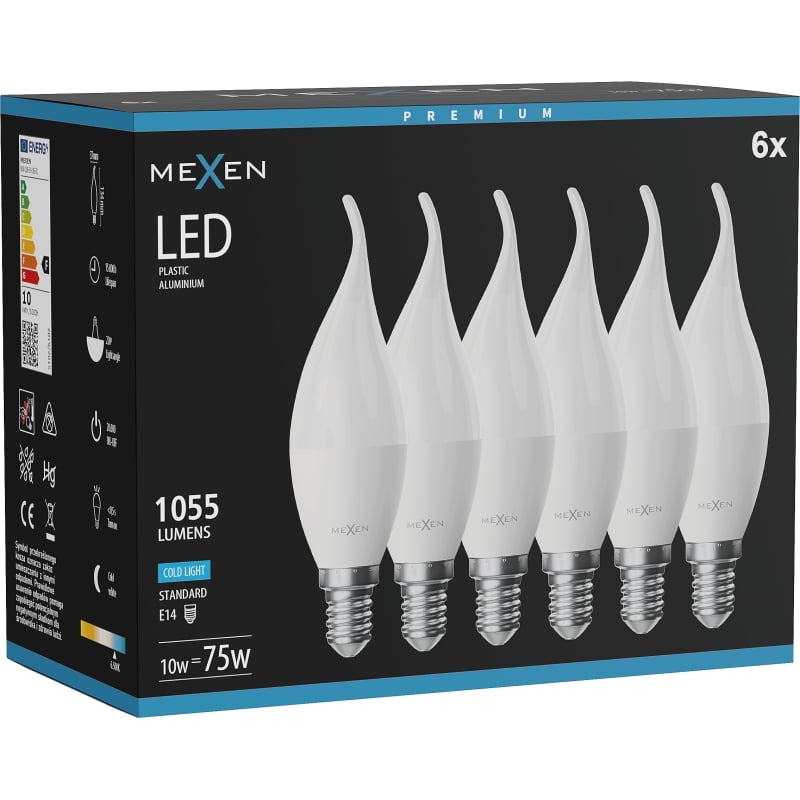 Mexen Nova 6x Lampadina LED fiammella E14, C37, 10W, Fredda - 6500K, 1055 lm - L106-E14-1065-01x06