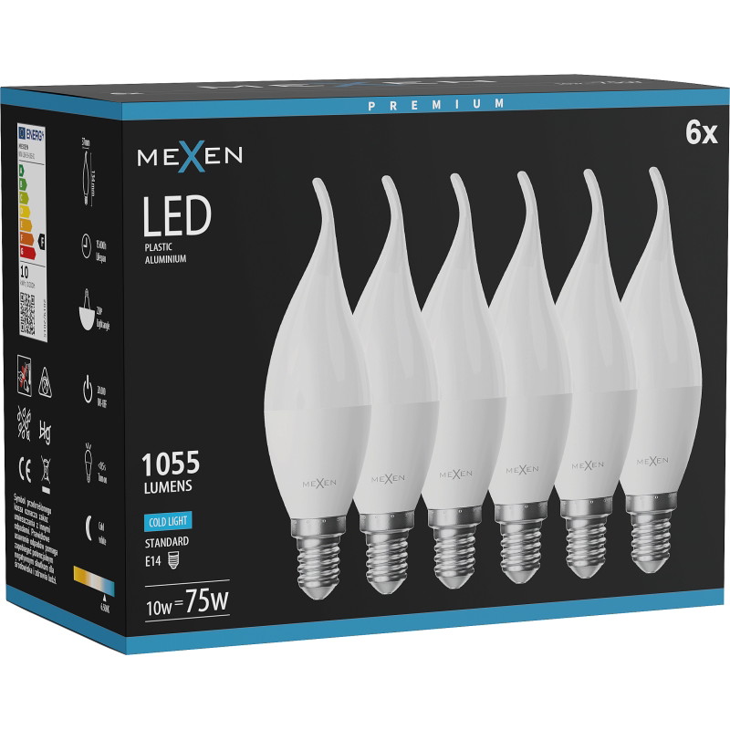 Mexen Nova 6x LED-kaarslamp E14, C37, 10W, Koud - 6500K, 1055 lm - L106-E14-1065-01x06