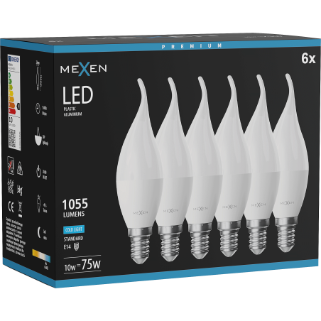 Mexen Nova 6x Lampadina LED fiammella E14, C37, 10W, Fredda - 6500K, 1055 lm - L106-E14-1065-01x06