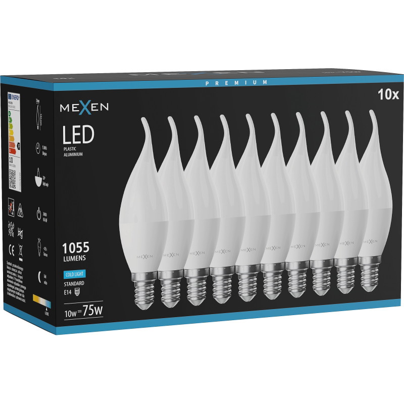 Mexen Nova 10x LED-glödlampa flamma E14, C37, 10W, Kall - 6500K, 1055 lm - L106-E14-1065-01x10