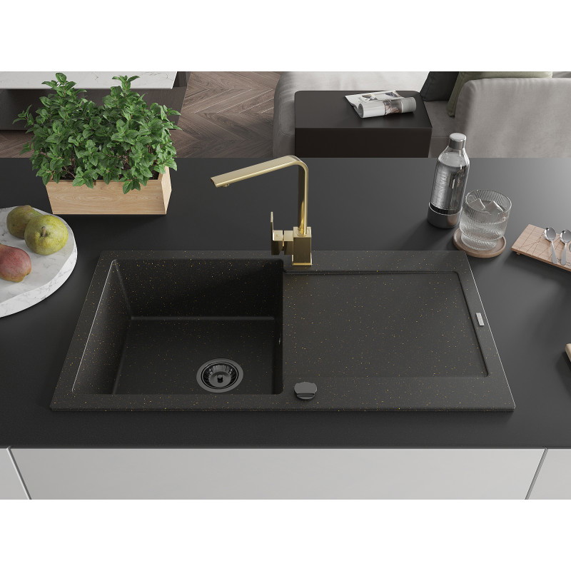 Mexen Leo Fregadero de granito de 1 seno con escurridor y grifo de cocina Rita, negro/dorado metálico - 6501-75-670300-50-B