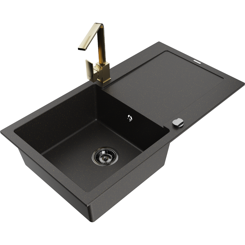 Mexen Leo Fregadero de granito de 1 seno con escurridor y grifo de cocina Rita, negro/dorado metálico - 6501-75-670300-50-B