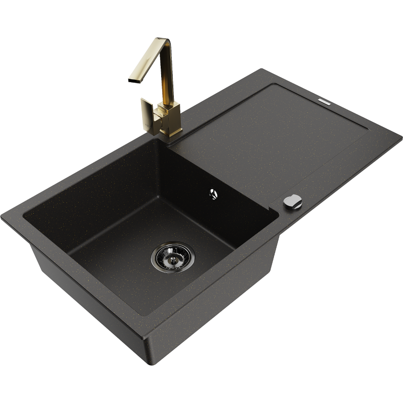 Mexen Leo fregadero de granito de 1 seno con escurridor y grifo de cocina Rita, negro/dorado metalizado - 6501-75-670300-50-B