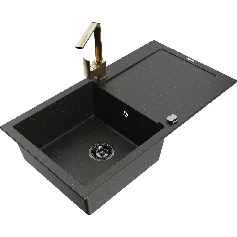 Mexen Leo Granitspüle 1-Kammer mit Abtropffläche und Küchenarmatur Rita, schwarz/gold metallic - 6501-75-670300-50-B