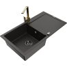 Mexen Leo granite kitchen sink 1-bowl with drainer and Rita kitchen tap, black/gold metallic - 6501-75-670300-50-B
