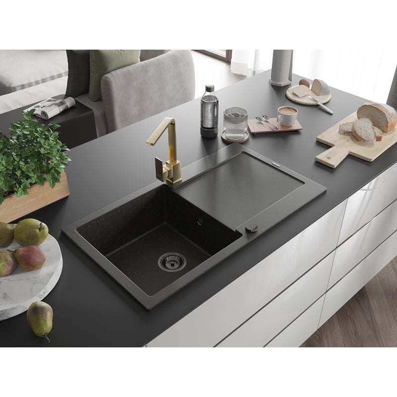 Mexen Leo 1-bowl granite sink with drainer and Rita kitchen faucet, black/gold metallic - 6501-75-670300-50-B