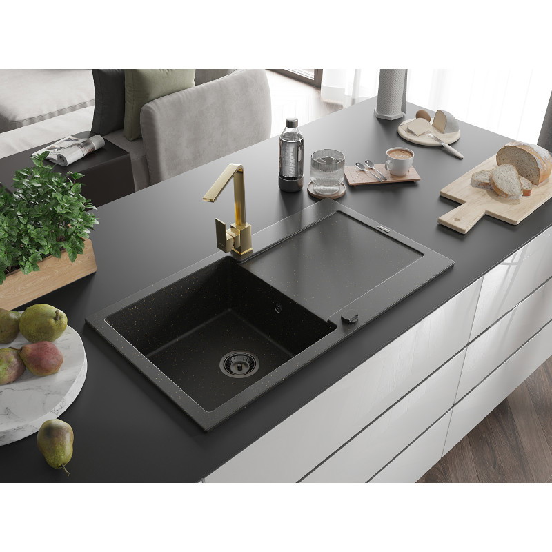 Mexen Leo granit gootsteen 1-bak met afdruipplaat en keukenkraan Rita, zwart/goud metallic - 6501-75-670300-50-B