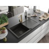 Mexen Leo granit gootsteen 1-bak met afdruipplaat en keukenkraan Rita, zwart/goud metallic - 6501-75-670300-50-B