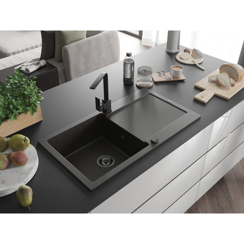 Mexen Leo granite kitchen sink 1-bowl with drainer and Rita kitchen faucet, black/gold metallic - 6501-75-670300-70-B