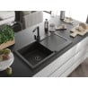 Mexen Leo granite kitchen sink 1-bowl with drainer and Rita kitchen faucet, black/gold metallic - 6501-75-670300-70-B