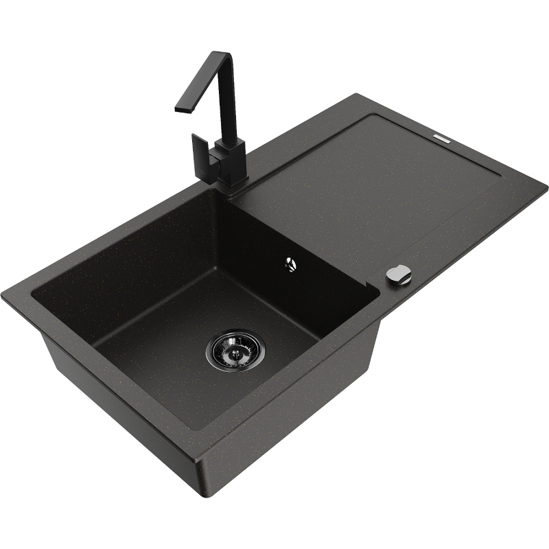 Mexen Leo fregadero de granito de 1 seno con escurridor y grifo de cocina Rita, negro/dorado metálico - 6501-75-670300-70-B