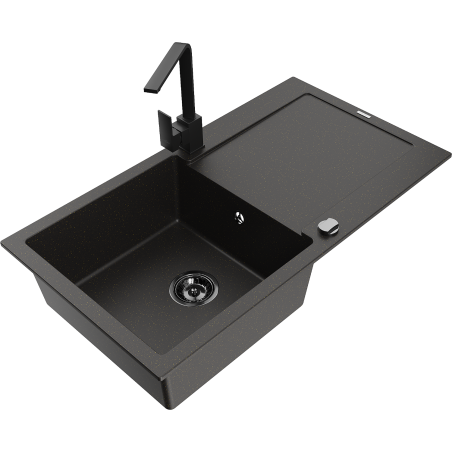 Mexen Leo granite kitchen sink 1-bowl with drainer and Rita kitchen faucet, black/gold metallic - 6501-75-670300-70-B