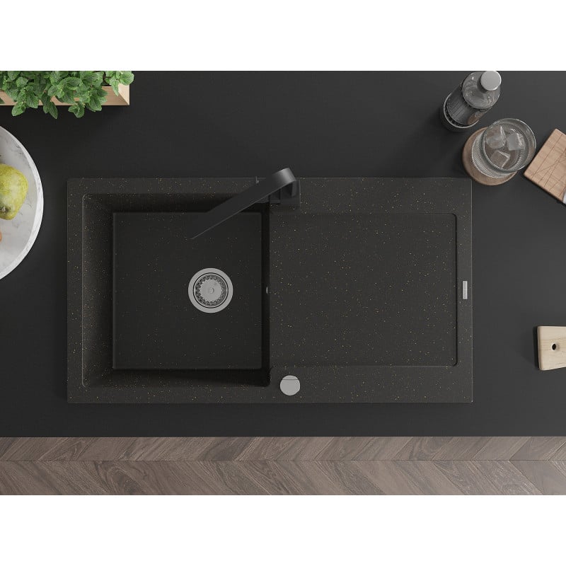 Mexen Leo fregadero de granito de 1 seno con escurridor y grifo de cocina Rita, negro/metálico dorado - 6501-75-670300-70