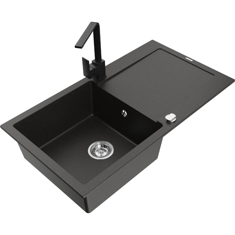 Mexen Leo 1-Bowl Granite Sink with Drainer and Kitchen Faucet Rita, Black/Gold Metallic - 6501-75-670300-70