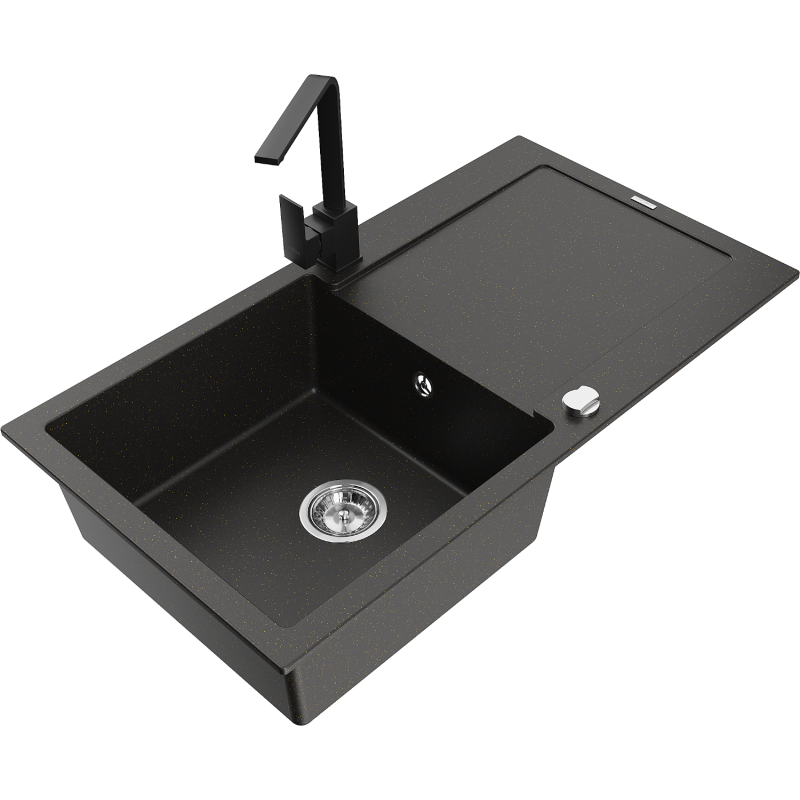 Mexen Leo granite kitchen sink 1-bowl with drainer and Rita kitchen tap, black/gold metallic - 6501-75-670300-70