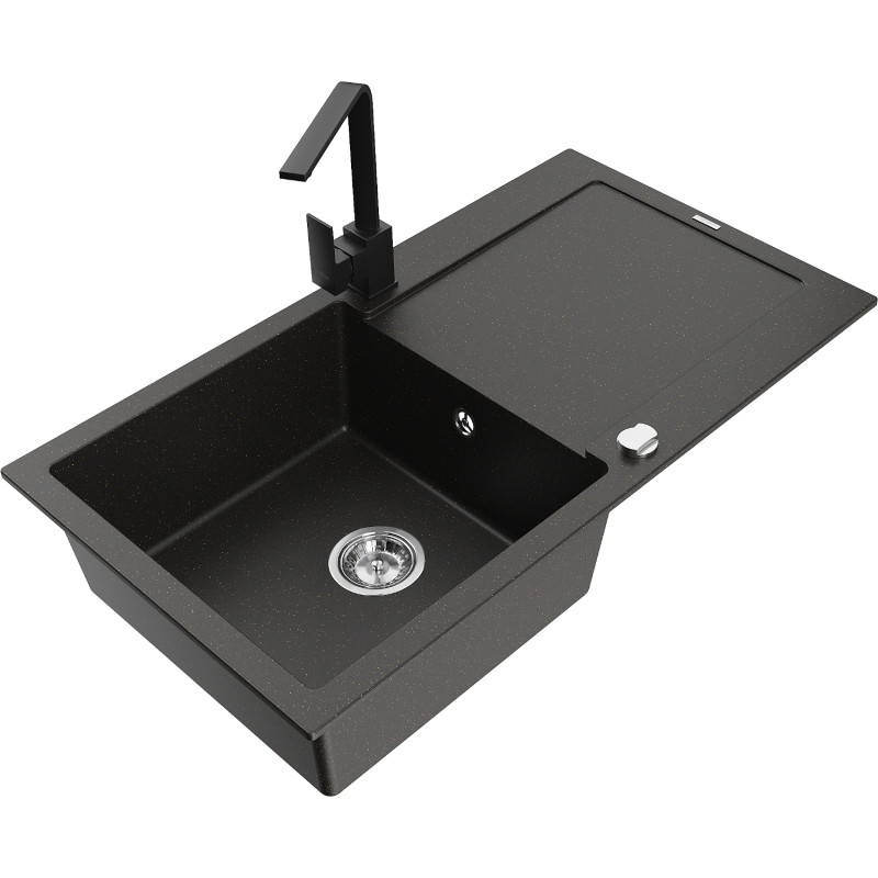Mexen Leo lavello in granito a 1 vasca con scolatoio e rubinetto da cucina Rita, nero/oro metallizzato - 6501-75-670300-70